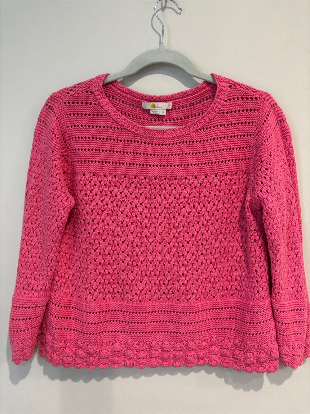 Boden Pink Crochet Open Stitch Cotton Knit Sweater size M